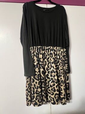 SHEIN Black and Beige Leopard Print Long Sleeve Dress